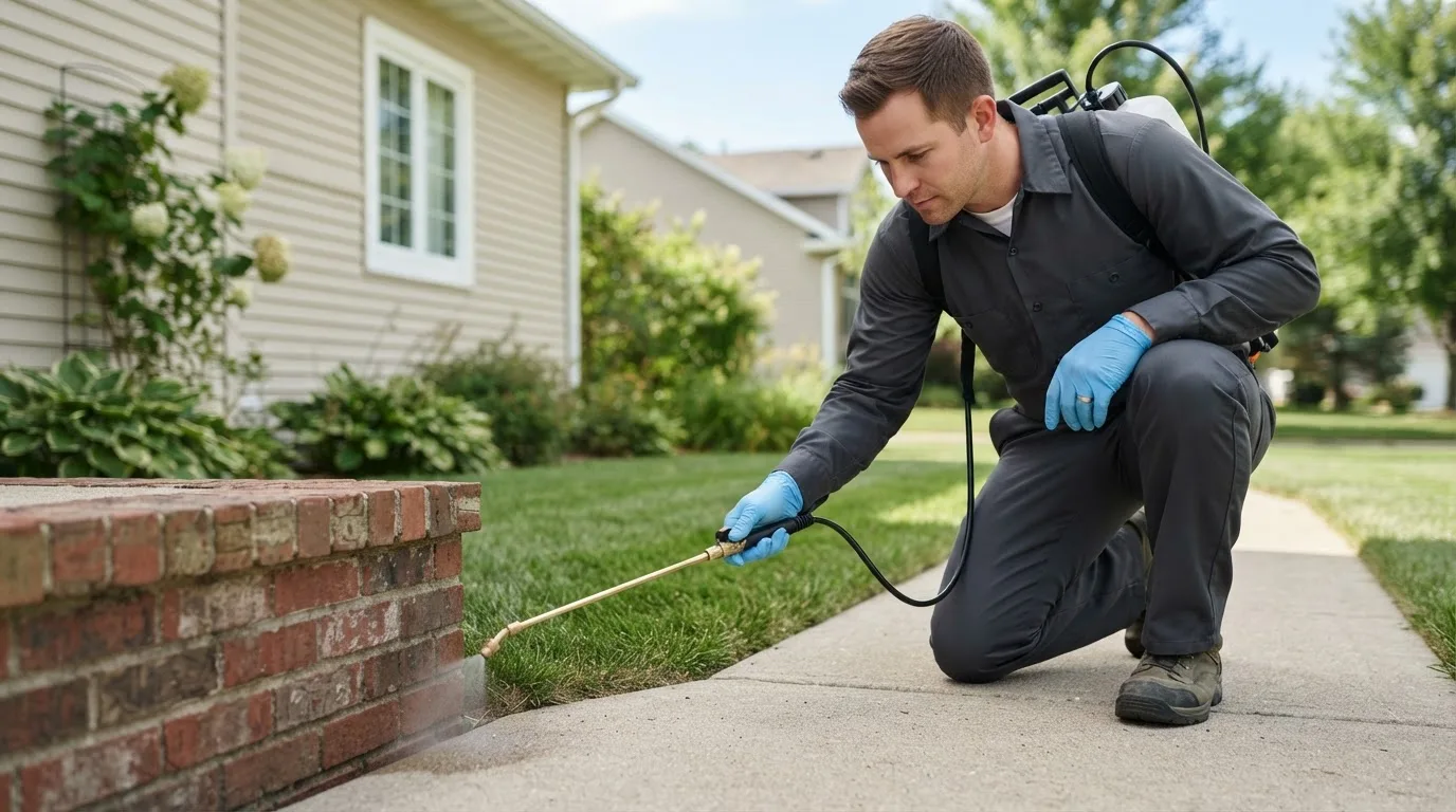 Pest control technician treating a home near Saint Albans, NY